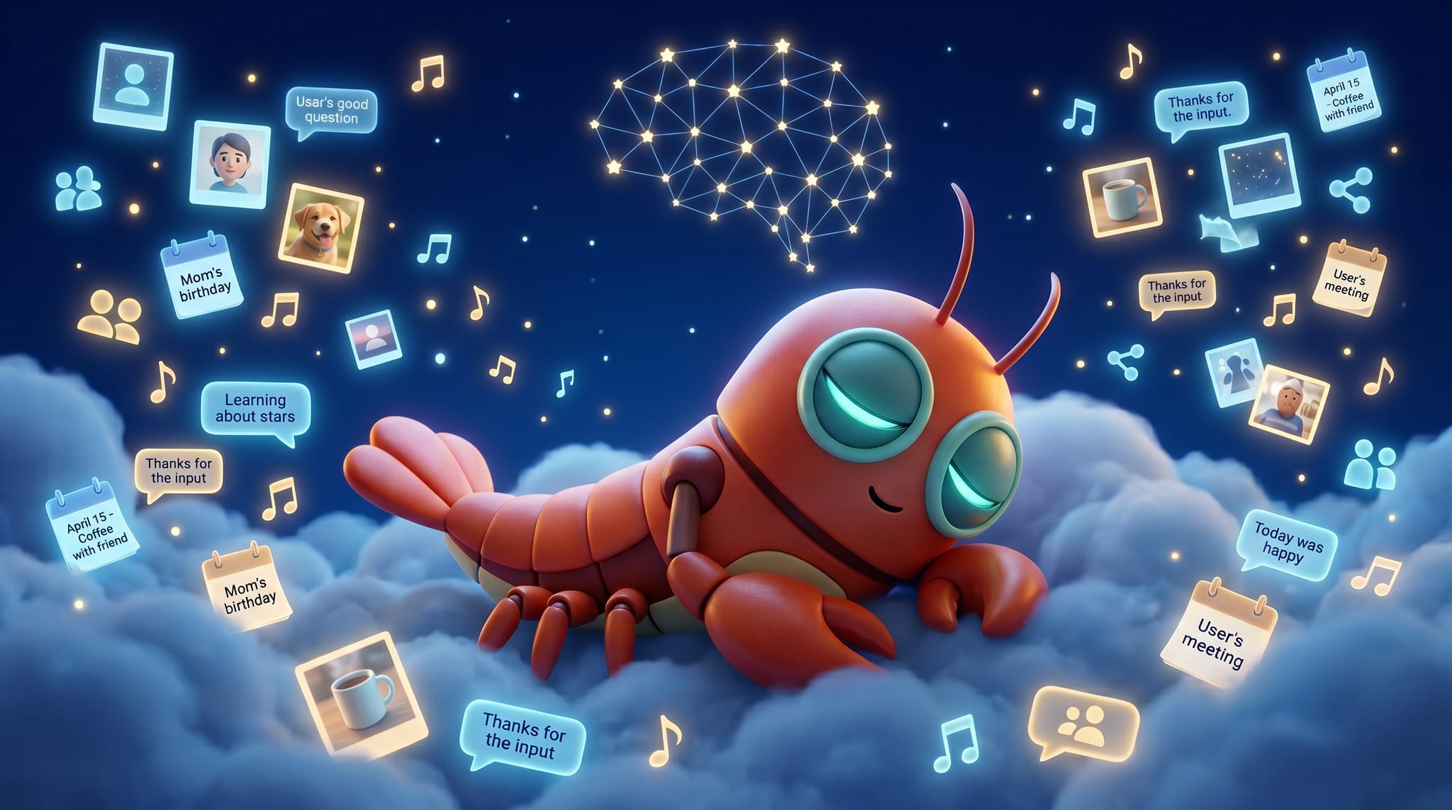 Portal agent asleep on clouds, dreaming over floating memories — calendar entries, faces, music, conversations