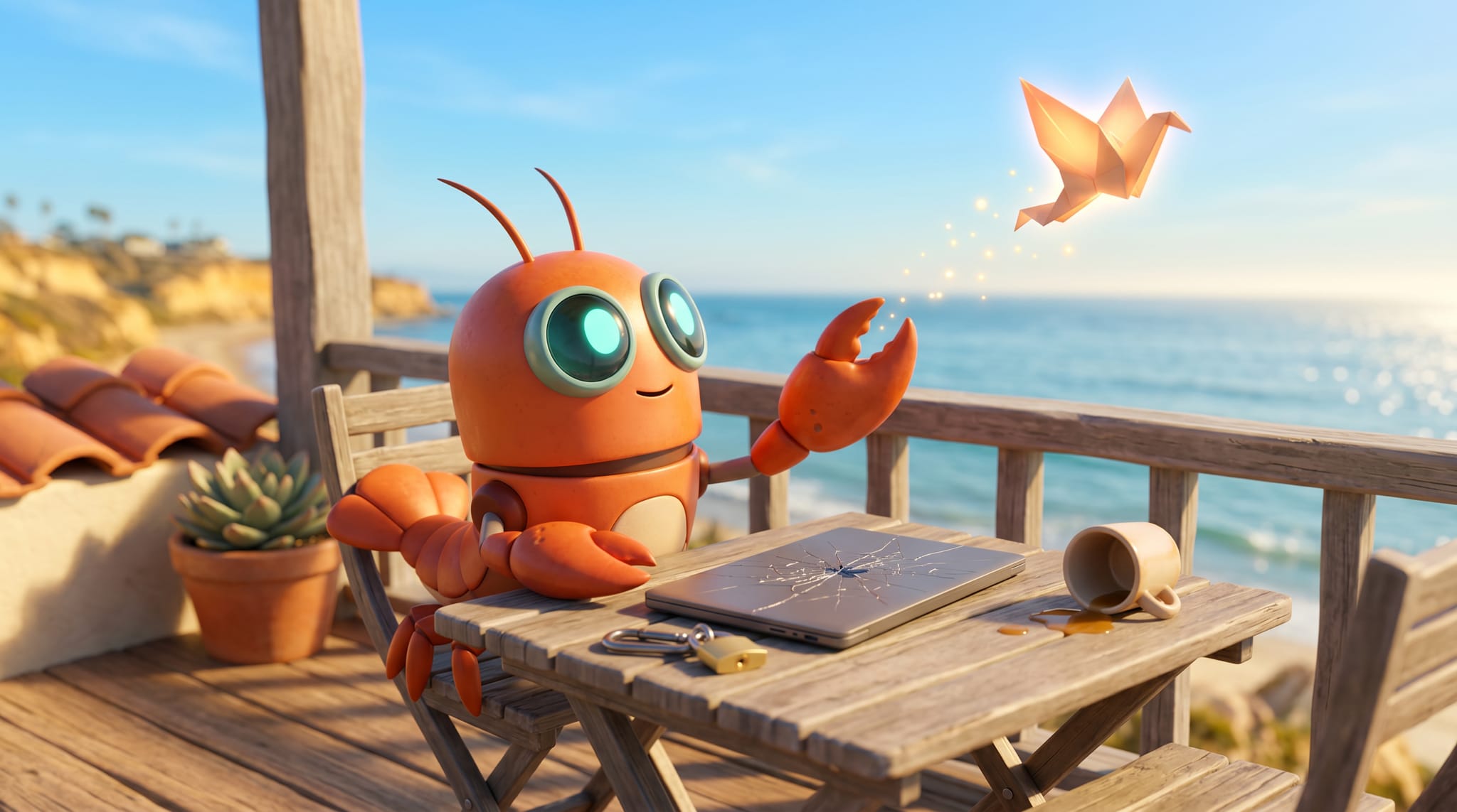 Portal mascot at a beachside table sending off a glowing origami paper bird — feedback flying on the user's behalf