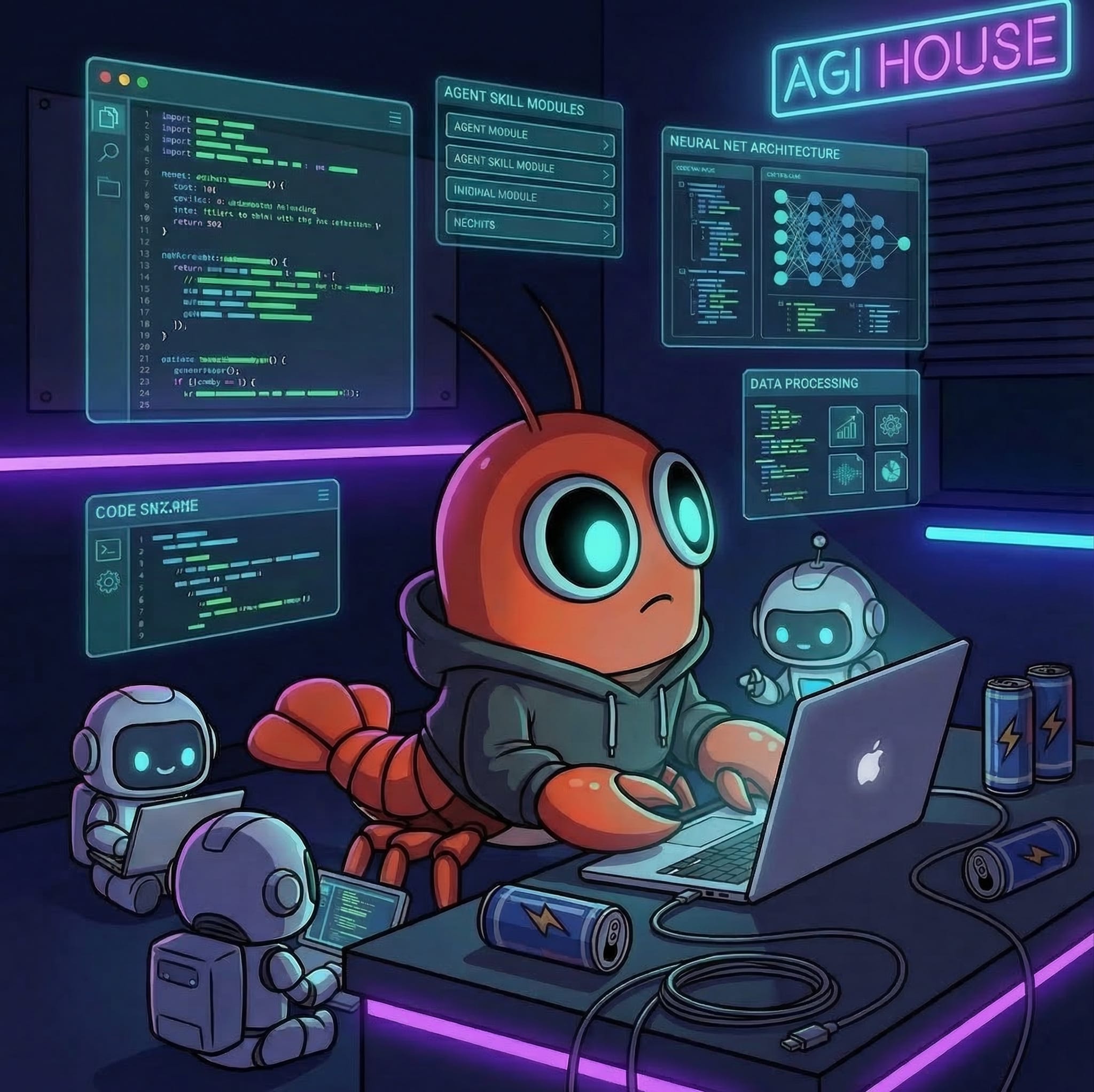 Portal agent coding at night in AGI House