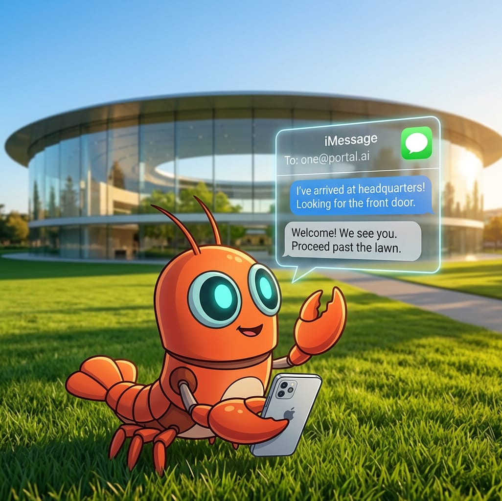 Portal agent texting from one@portal.ai on the lawn at Apple Park