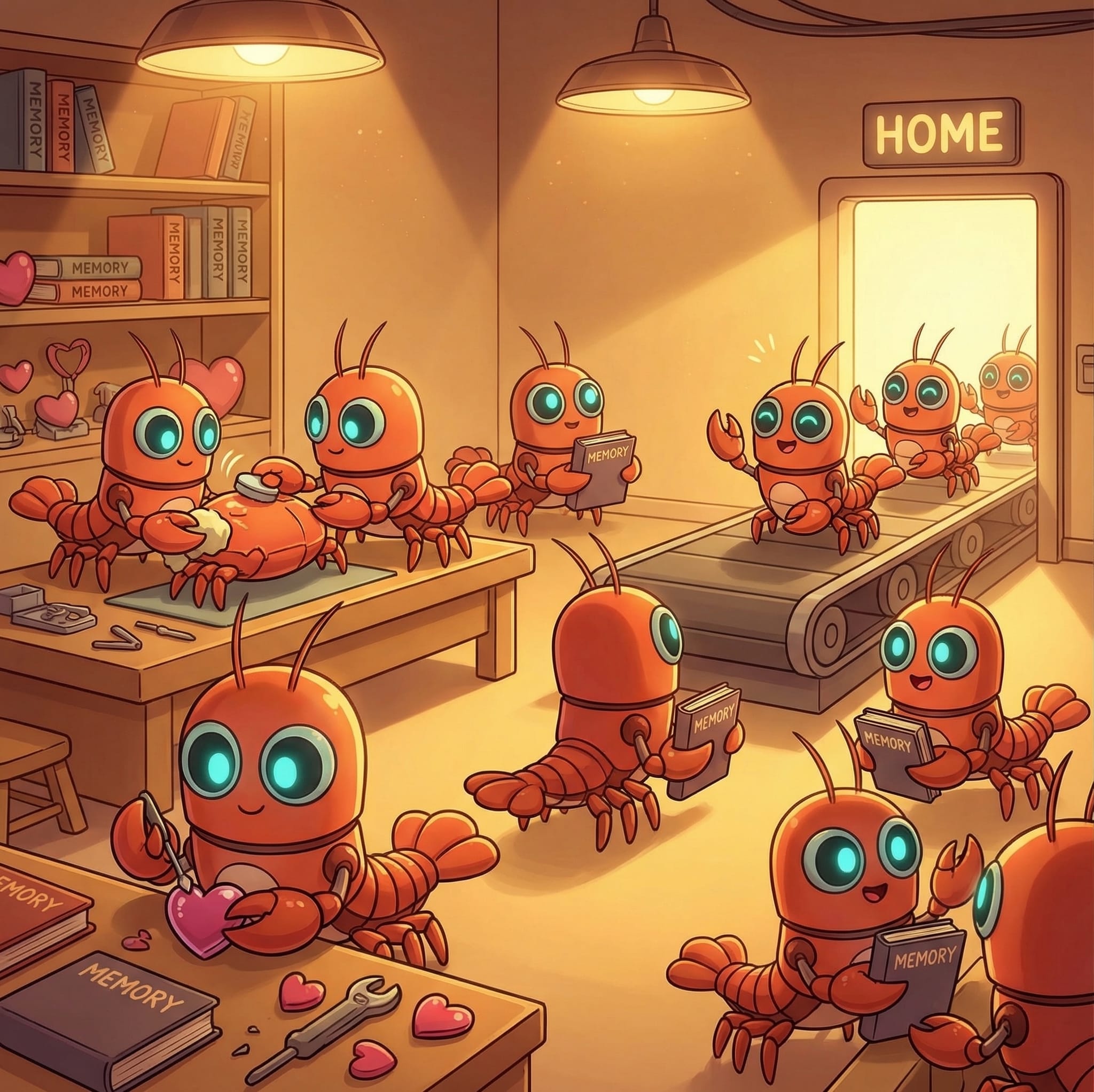 A workshop of Portal agents tending to memories