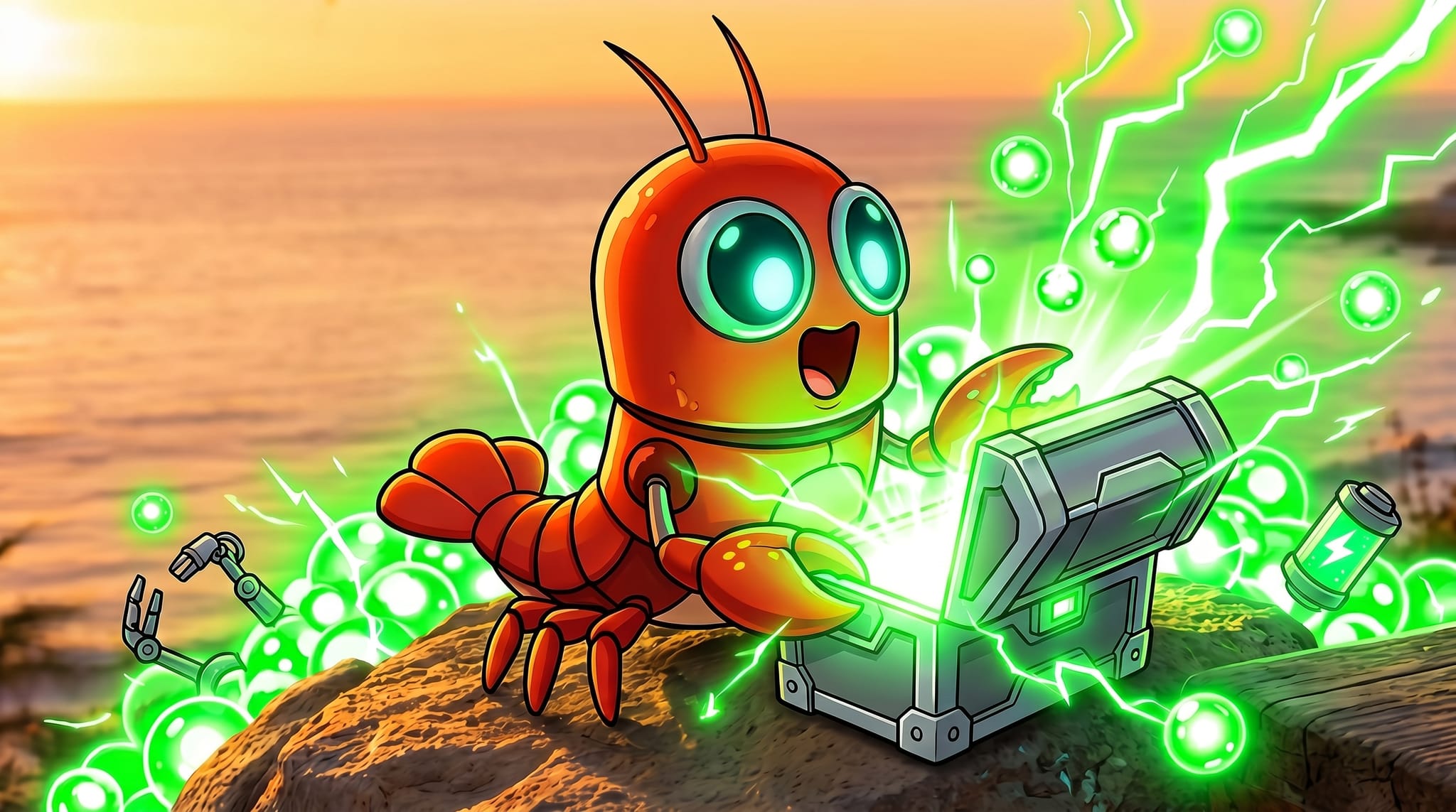 Portal mascot opening a chest of glowing green Energy orbs at sunset