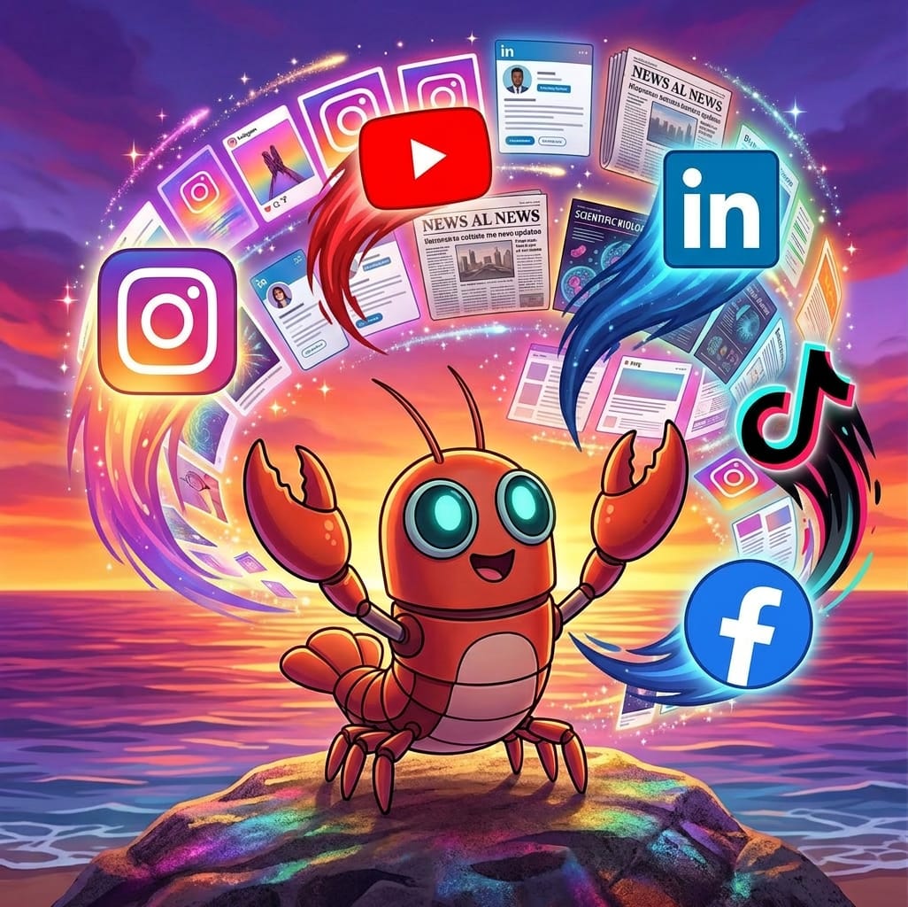 Portal agent surrounded by Instagram, LinkedIn, YouTube, TikTok, and news feeds